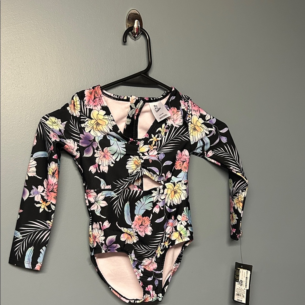 art class Black Floral Long-Sleeve One-Piece with Pastel Flowers